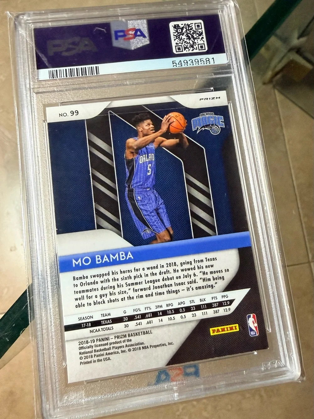2018-19 Panini Prizm Mo Bamba RC Prizm Silver Rookie #99 Magic PSA 10 GEM MINT.